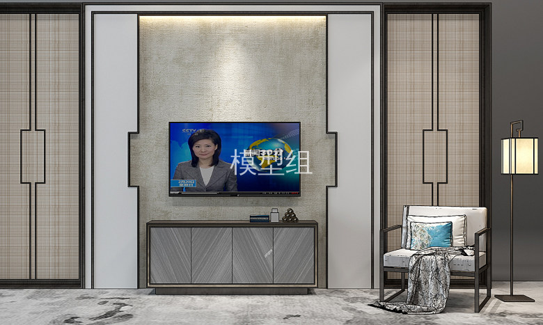 H06-0111新中式电视柜电视背景墙中式推拉门