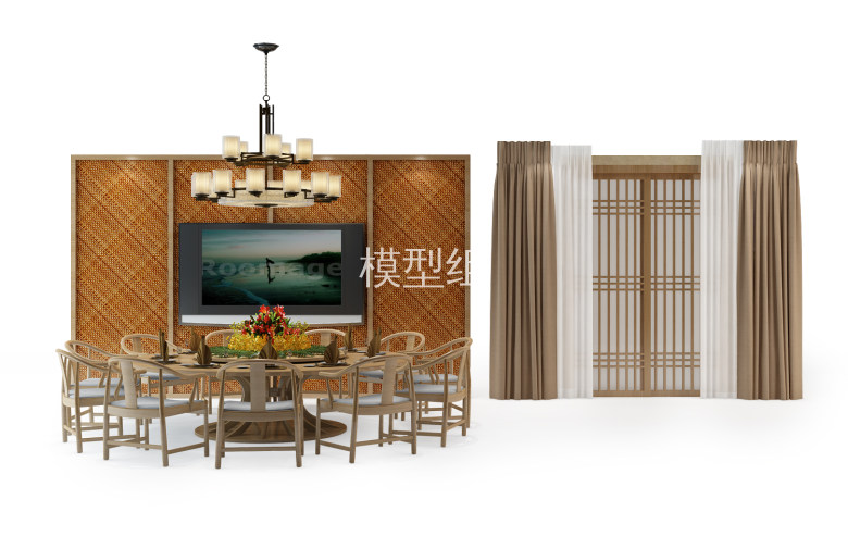 中式餐桌、灯具、窗帘组合