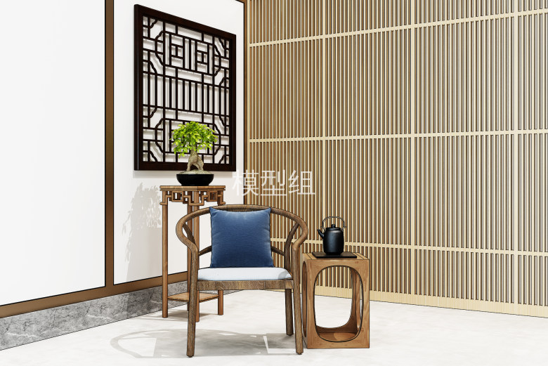 H04-0618新中式椅子花架花窗盆景