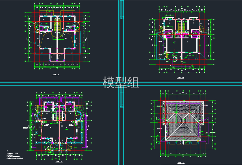 别墅一层平面图，二层平面图，三层平面图，屋顶平面图.png