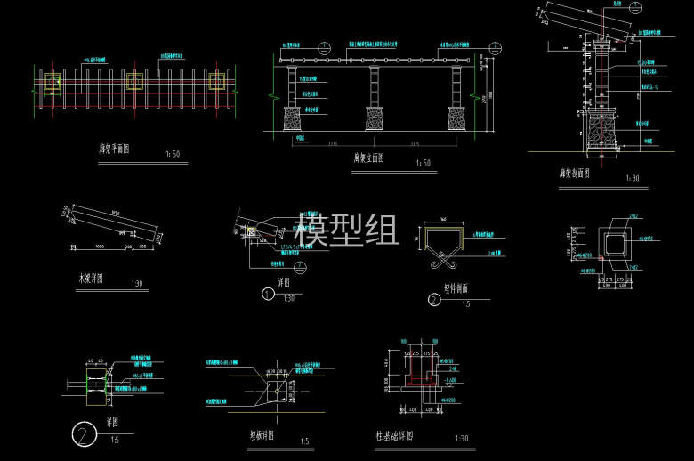 廊架平面图、廊架立面图、廊架剖面图.jpg