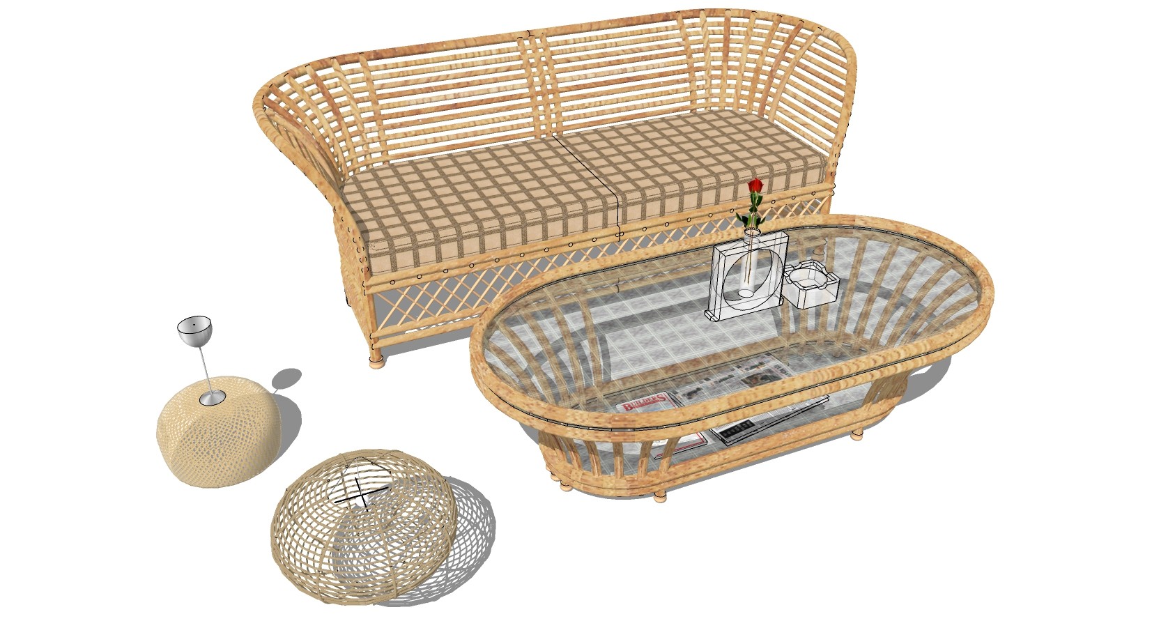 5美式法式新中式实木多人沙发椅子透明玻璃茶几摆件藤编编织圆形灯笼摆件吊灯组合sketchup草图模型下载 草图大师模型