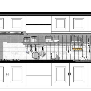 (1)简欧式橱柜烤箱燃气灶水槽吸油烟机厨房用具摆件sketchup草图模型下载