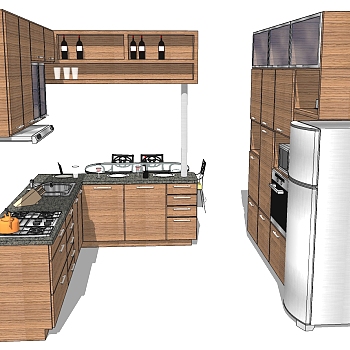(5)现代木制简约橱柜厨房用具燃气灶水壶冰箱组合sketchup草图模型下载