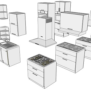 (34)现代厨房橱柜烟机灶具吸油烟机灶台吊柜转角柜sketchup草图模型下载