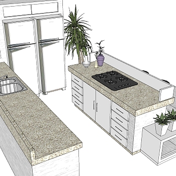 (5)现代简约吧台烤箱微波炉水槽盆栽组合sketchup草图模型下载