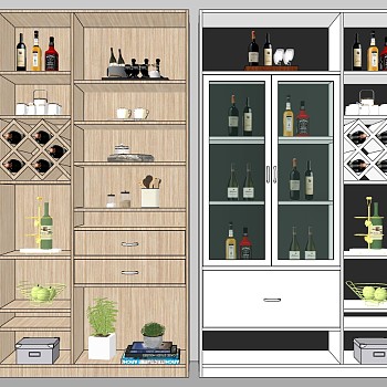(1)现代木制酒柜酒架红酒瓶酒杯摆件组合sketchup草图模型下载