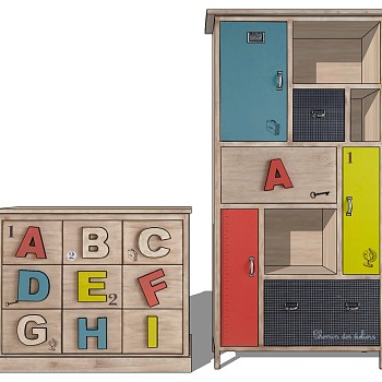 (10)现代儿童实木字母浮雕雕刻储物柜边柜矮柜儿童储物柜架玩具柜书柜储物柜斗柜sketchup草图模型下载