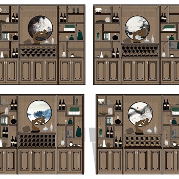 (31)新中式木制酒柜储物柜装饰柜雕塑摆件中式挂画sketchup草图模型下载
