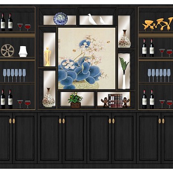 (27)新中式欧式酒柜盘子摆件红酒酒杯sketchup草图模型下载