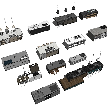 (8)现代简约开放厨房橱柜厨具中岛岛台吧椅sketchup草图模型下载