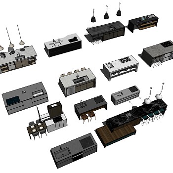 (8)现代简约开放厨房橱柜厨具中岛岛台吧椅sketchup草图模型下载