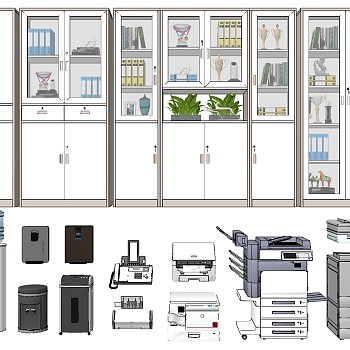 (8)现代办公室设备打印机复印机饮水机书柜档案文件柜书柜传真机sketchup草图模型下载