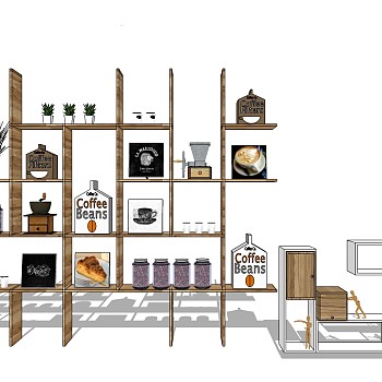 16现代咖啡厅水吧台置物架咖啡机咖啡豆盒sketchup草图模型下载