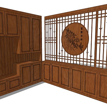 (52)中式木制橱柜花格衣柜sketchup草图模型下载