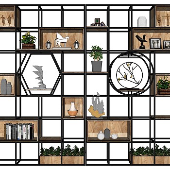 2工业风铁艺置物架酒架书架装饰架植物架饰品摆件隔断组合sketchup草图模型下载