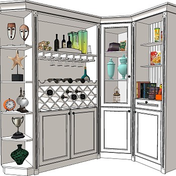 (44)简欧式法式现代酒柜储物柜雕塑摆件组合sketchup草图模型下载