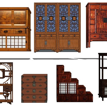 16古典中式红木家具书柜装饰柜边柜斗柜博古架多宝格书架sketchup草图模型下载