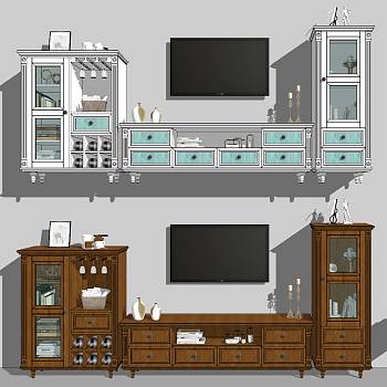 17美式欧式电视柜酒柜矮柜sketchup草图模型下载