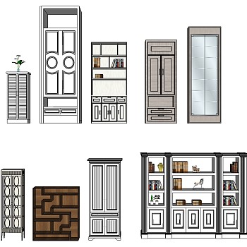 (6)美式欧式法式实木酒柜书柜sketchup草图模型下载