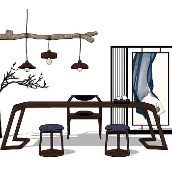 18新中式茶桌椅屏风隔断树干枝吊灯