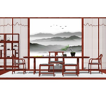 19中式泡茶区中式茶桌椅博古架装饰柜