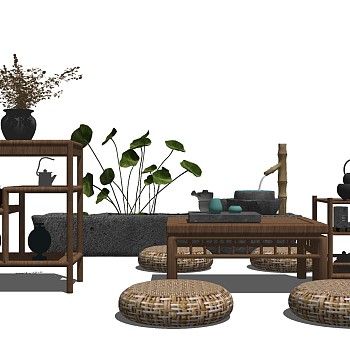 21新中式茶桌椅装饰架摆台水景景观蒲团