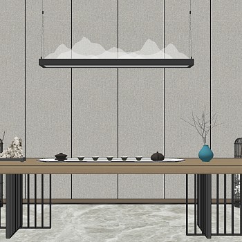 新中式茶桌椅子,茶具,山形状水晶吊灯茶桌椅sketchup草图模型下载