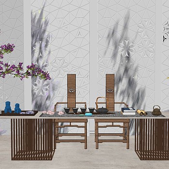 新中式茶桌椅，茶具盆景盆栽植物花瓶sketchup草图模型下载