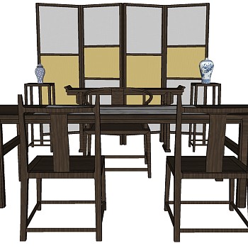 d41新中式书房书桌椅茶桌椅子屏风sketchup草图模型下载