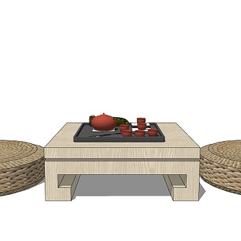 jk 中式日式茶桌椅炕桌蒲团sketchup草图模型下载