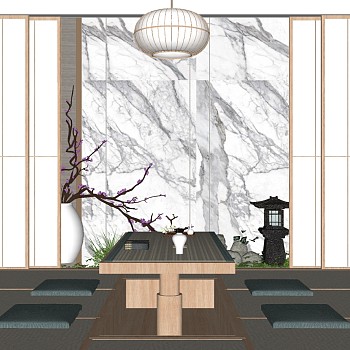 li 日式新中式榻榻米炕桌茶桌椅花瓶干枝石材庭院灯景观sketchup草图模型下载