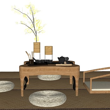 li日式榻榻米茶桌椅炕桌茶台茶桌sketchup草图模型下载
