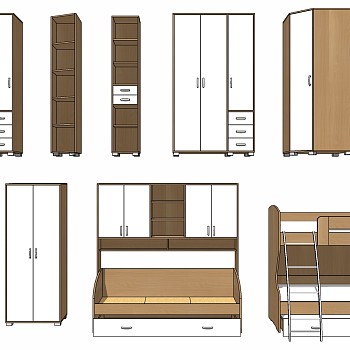 (108)北欧现代衣柜儿童床上下床铺斗柜sketchup草图模型下载