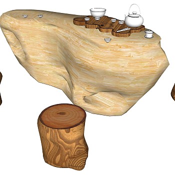19中式根雕茶台茶桌椅木凳子sketchup草图模型下载