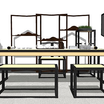 新中式茶室实木茶桌椅 摆件sketchup草图模型下载
