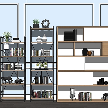 20现代工业风铁艺钢架简约书架书柜摆件sketchup草图模型下载