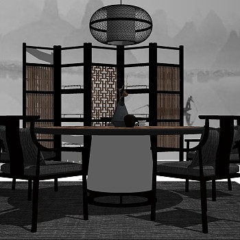 新中式茶室实木茶桌椅吊灯摆件sketchup草图模型下载