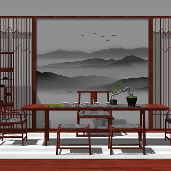 新中式茶室实木茶桌椅吊灯摆件sketchup草图模型下载