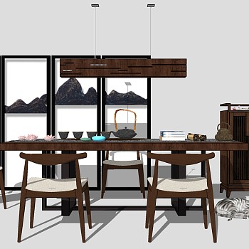 新中式茶室实木茶桌椅吊灯摆件 sketchup草图模型下载