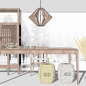 新中式茶室实木茶桌椅吊灯摆件 sketchup草图模型下载