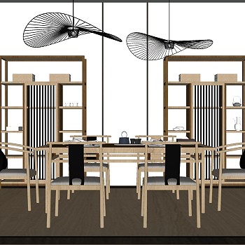 新中式茶室实木茶桌椅吊灯摆件  储物架sketchup草图模型下载
