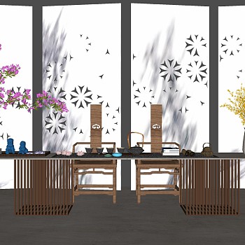 新中式茶室实木茶桌椅吊灯雕花屏风树摆件 sketchup草图模型下载
