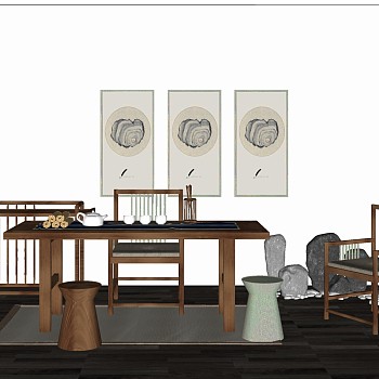 新中式茶室实木茶桌椅吊灯竹子摆件挂画摆件sketchup草图模型下载