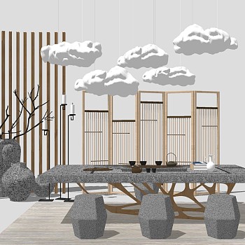 新中式茶室实木茶桌椅云朵吊灯摆件sketchup草图模型下载