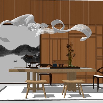 新中式茶室实木茶桌椅云朵异形吊灯摆件sketchup草图模型下载