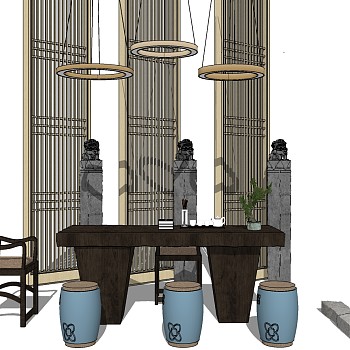 中式茶室实木茶桌椅吊灯摆件sketchup草图模型下载