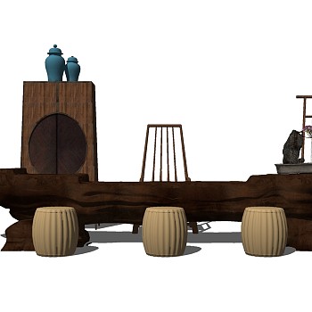 07-中式实木木桩树墩茶桌椅茶海鼓凳装饰柜组合