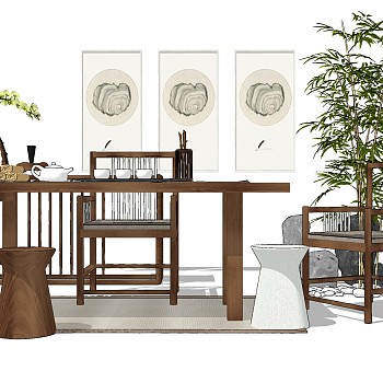 05-中式茶桌椅子挂画竹子石头摆件