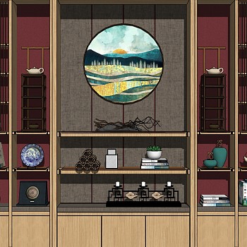 4新中式装饰柜书房书柜摆件茶具sketchup草图模型下载